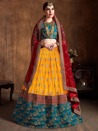 Teal Green -Yellow Embroidery Banarasi Silk Bridal Lehenga Choli With Maroon Dupatta